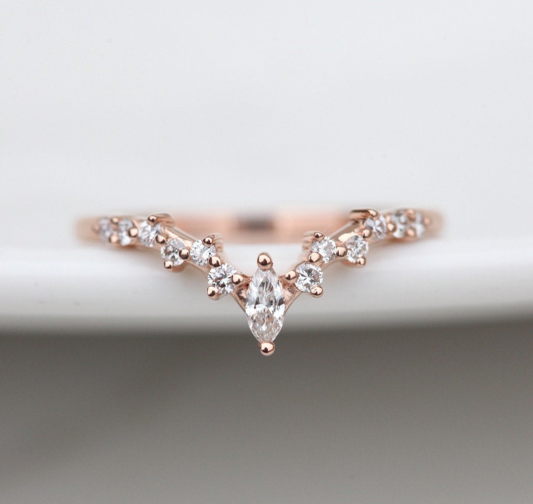 Nested marquise-cut white diamond cluster wedding band