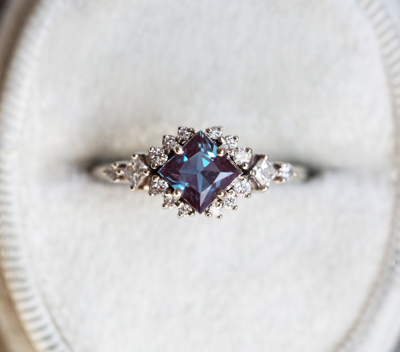 Teal Square Alexandrite Ring with Side Princess-Cut and Round White Diamonds
