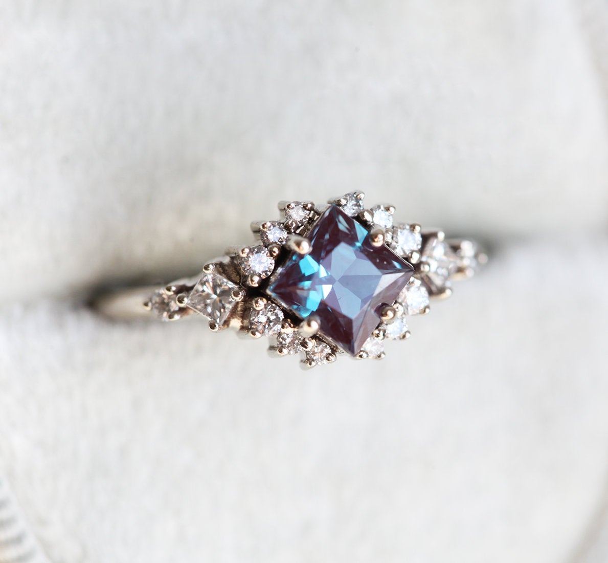 Teal Square Alexandrite Ring with Side Princess-Cut and Round White Diamonds