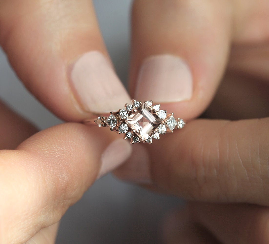 Square Morganite Ring with Side Princess-Cut and Round White Diamonds