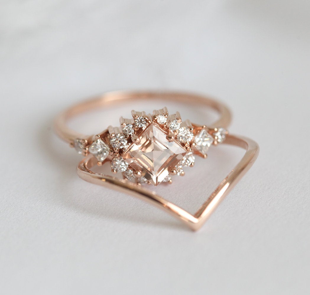Square Morganite Ring Set with Side Princess-Cut and Round White Diamonds