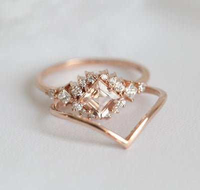Square Morganite Halo Ring with Princess-Cut and Round White Diamonds Surrounding The Centerpiece Gemstone