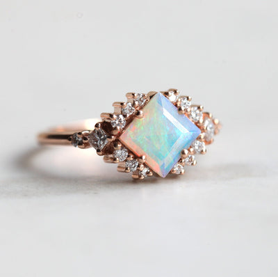 Square Opal Halo Ring with Princess-Cut and Round White Diamonds Surrounding The Centerpiece Gemstone