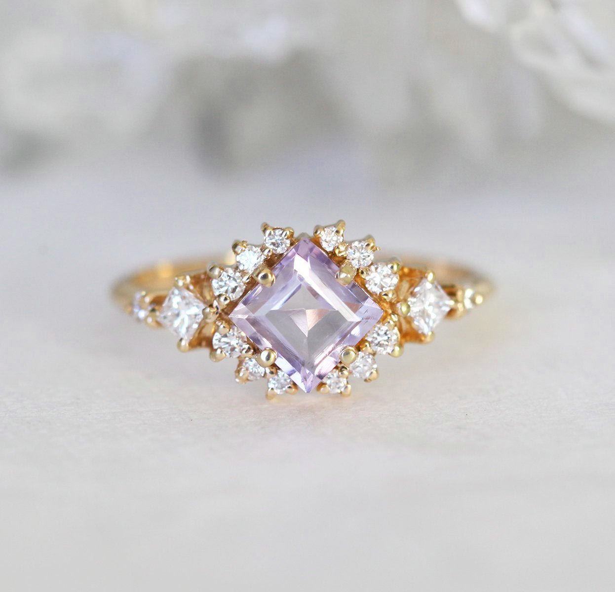 Gold Square Cut Amethyst Diamond Cluster Ring