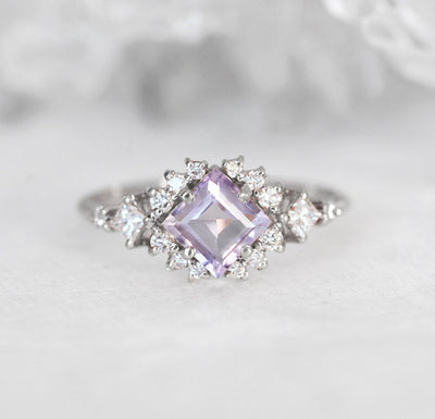 White Gold Square Cut Amethyst Diamond Cluster Ring