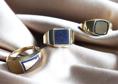 Gold inlay band ring with lapis lazuli gemstone, 14k & 18k gold options.