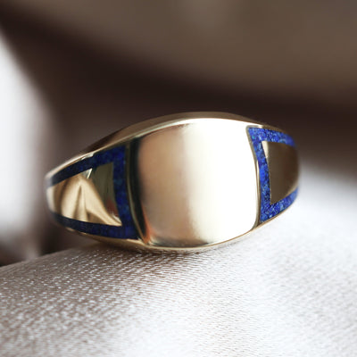 Gold ring with lapis lazuli inlay, 11mm front width, polished finish. Made of 14k & 18k gold or platinum.