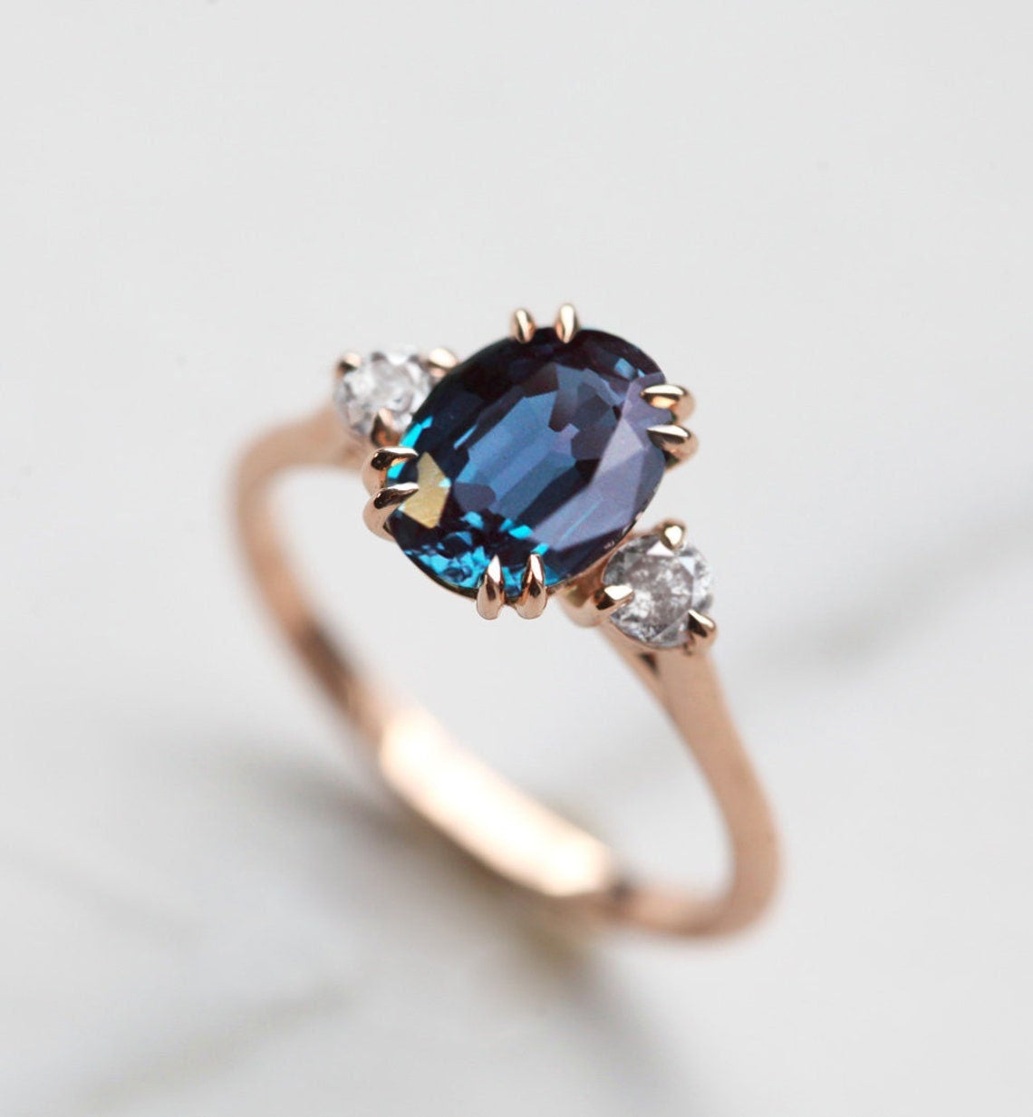 Teal Oval Alexandrite Ring with 2 Side Round Salt & Pepper Diamonds