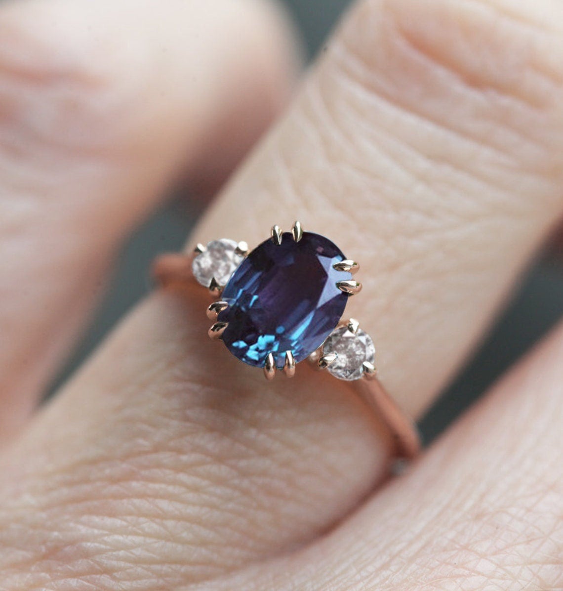 Teal Oval Alexandrite Ring with 2 Side Round Salt & Pepper Diamonds
