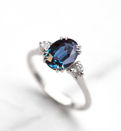 Teal Oval Alexandrite, White Gold Ring with 2 Side Round Salt & Pepper Diamonds