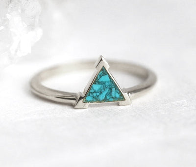Triangle Cut Crushed Turquoise Solitaire Gold Ring