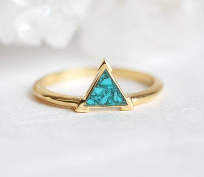 Triangle Cut Crushed Turquoise Solitaire Gold Ring