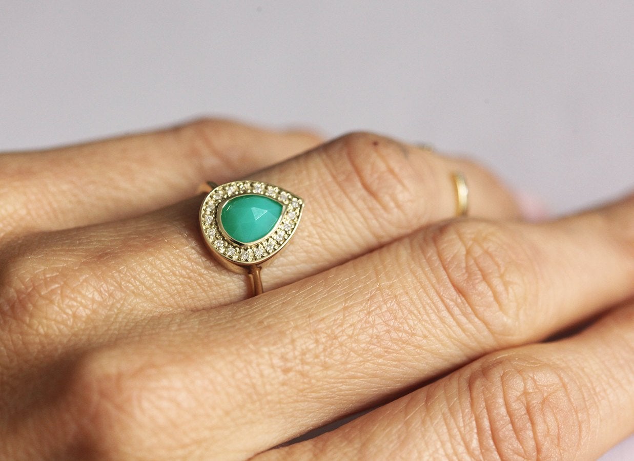 Chrysoprase Ring, Halo Diamond Ring-Capucinne