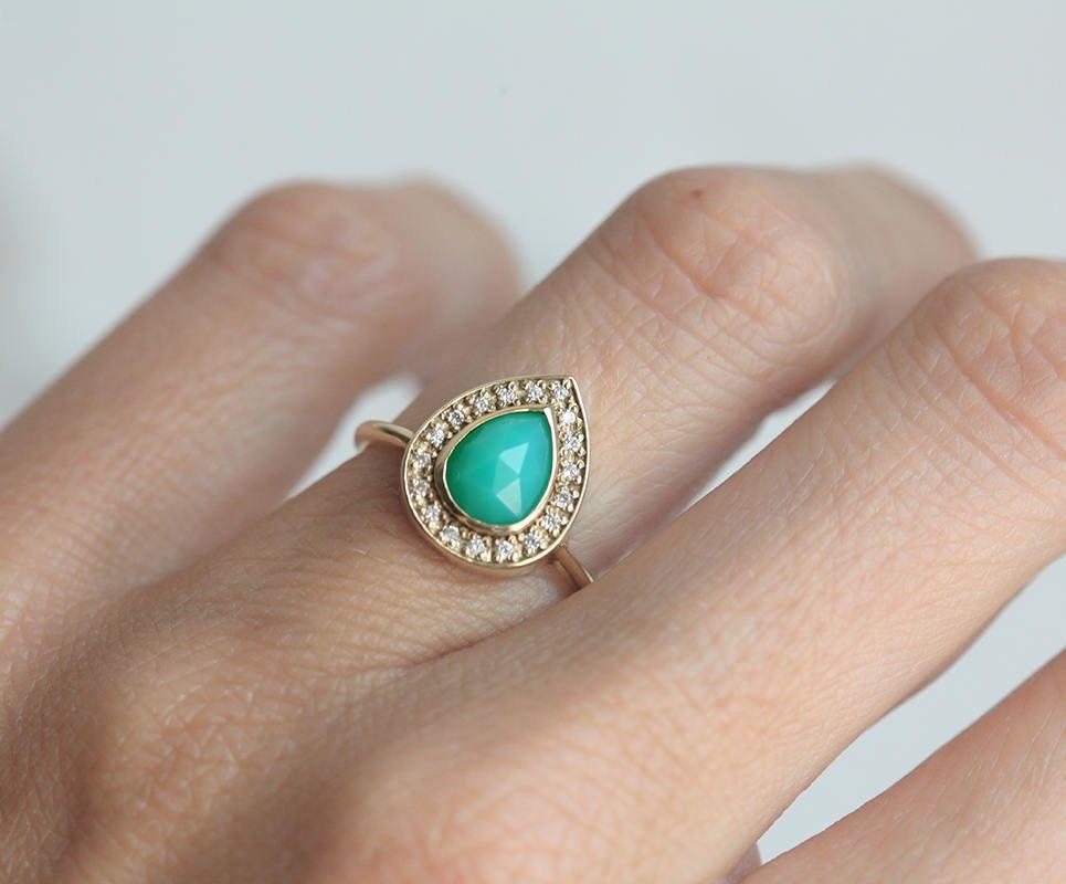 Chrysoprase Ring, Halo Diamond Ring-Capucinne