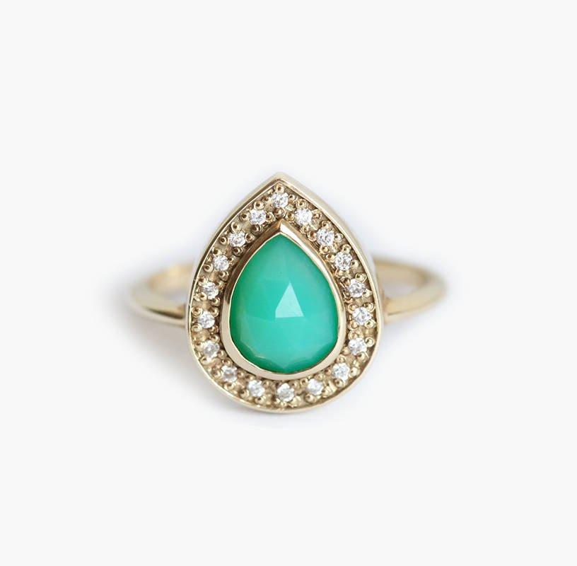 Chrysoprase Ring, Halo Diamond Ring-Capucinne