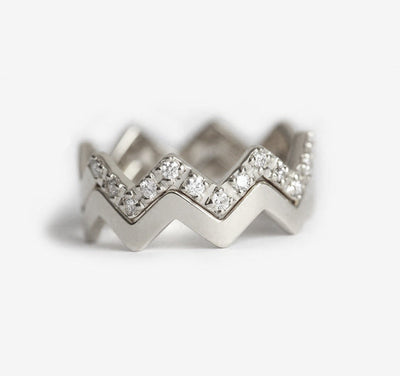 Round White Diamond Zigzag Eternity Gold Ring with Gold Zigzag Band