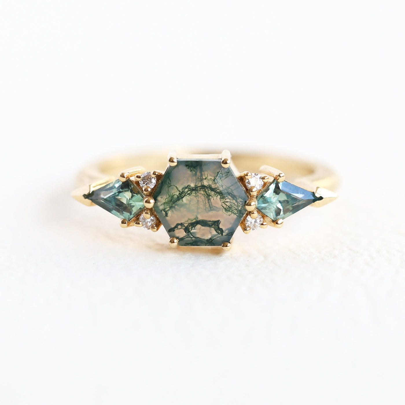 Cluster Moss Agate Ring with Diamonds and Sapphires in 18k Yellow Gold, Ready To Ship.