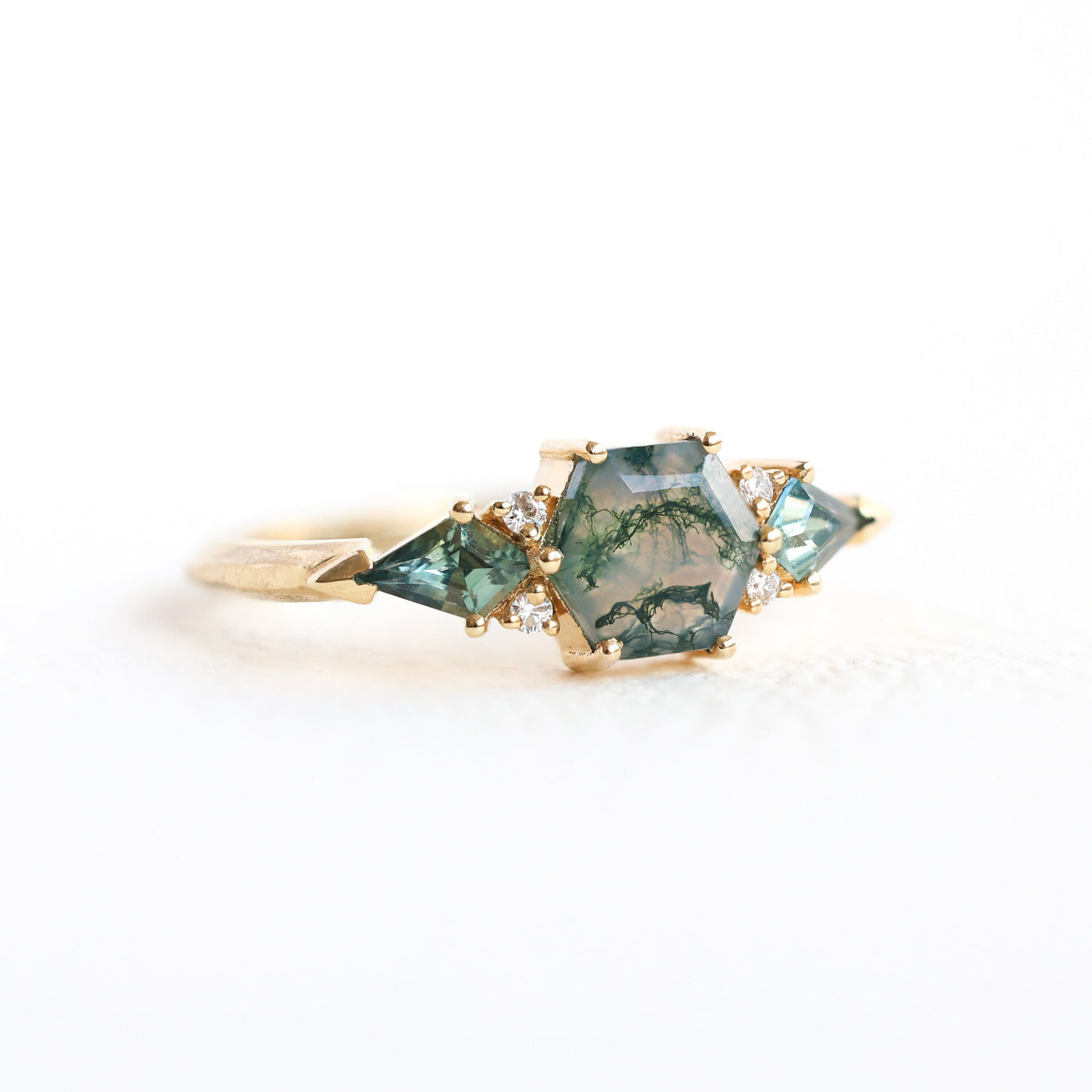 Cluster Moss Agate Ring with Diamonds and Sapphire in 18k Gold Setting.