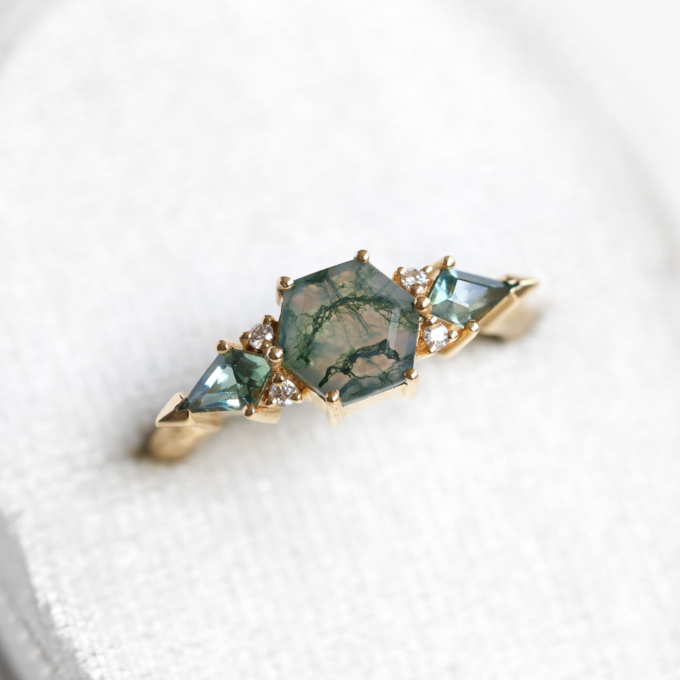 Cluster Moss Agate Ring with Diamonds and Sapphires in 18k Gold, Ready To Ship