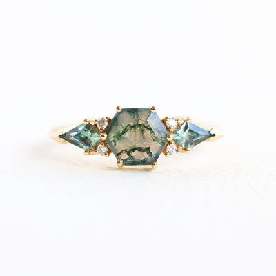 Cluster Moss Agate Ring with Diamonds and Sapphire, 18k Yellow Gold, Ready To Ship