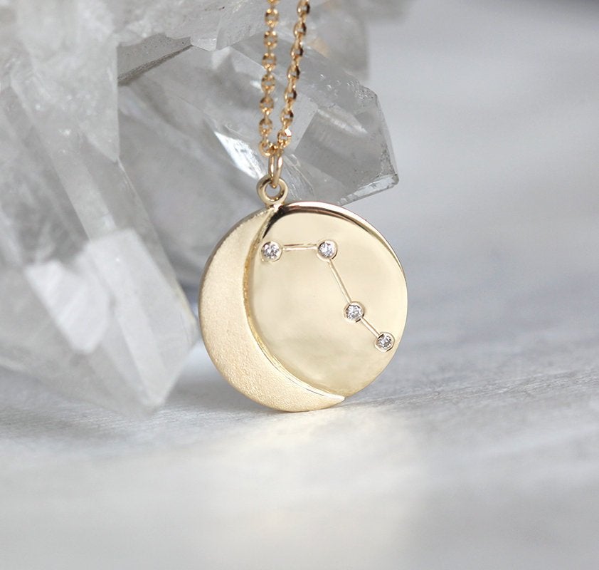 Constellation Necklace featuring Round White Diamonds Resembling the Stars with Crescent Moon Pendant