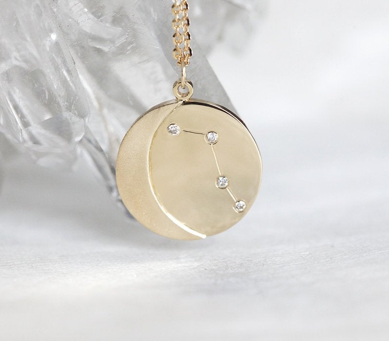Constellation Necklace featuring Round White Diamonds Resembling the Stars with Crescent Moon Pendant