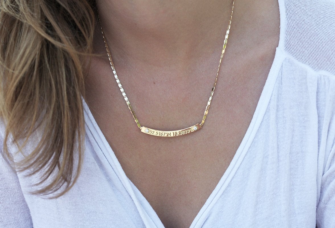 Gold bar necklace with personalized coordinates