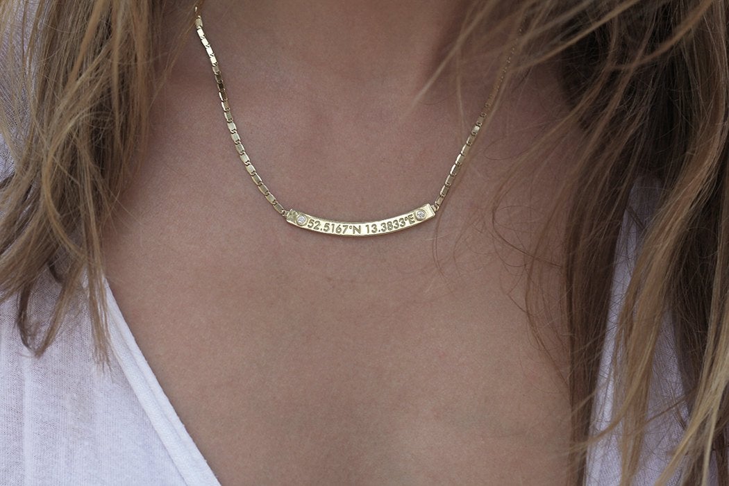 Gold bar necklace with personalized coordinates