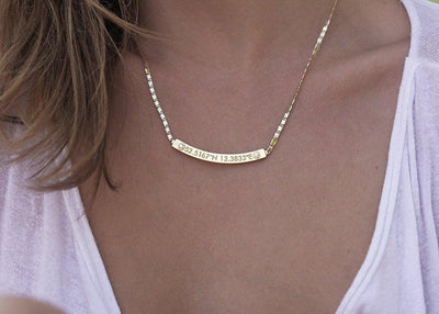 Gold bar necklace with personalized coordinates