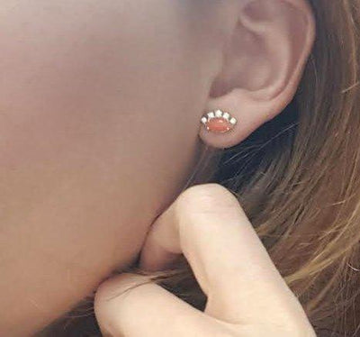 Marquise-cut orange coral and diamond stud earrings