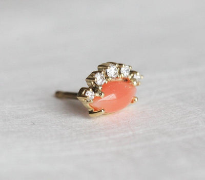 Marquise-cut orange coral and diamond stud earrings