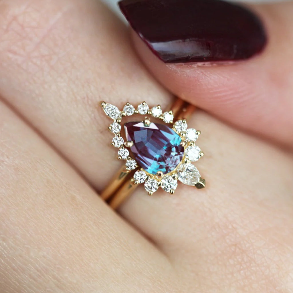 Teal Pear Alexandrite, Yellow Ring Set with Side Round, Pear and Marquise-Cut White Diamonds