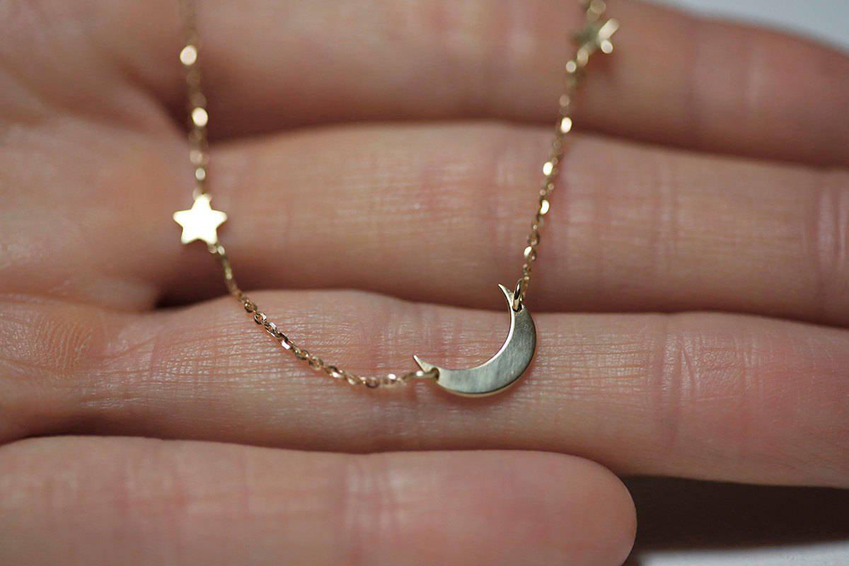 Crescent moon and stars gold necklace