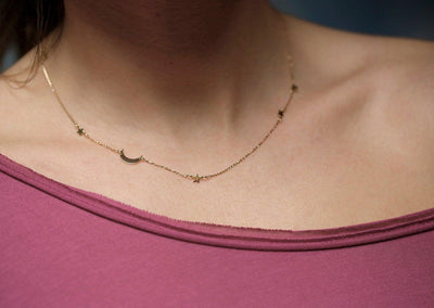 Crescent moon and stars gold necklace