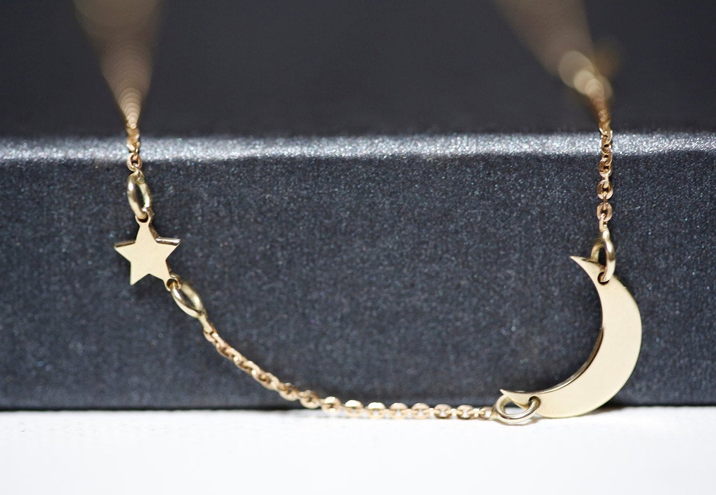 Crescent moon and stars gold necklace