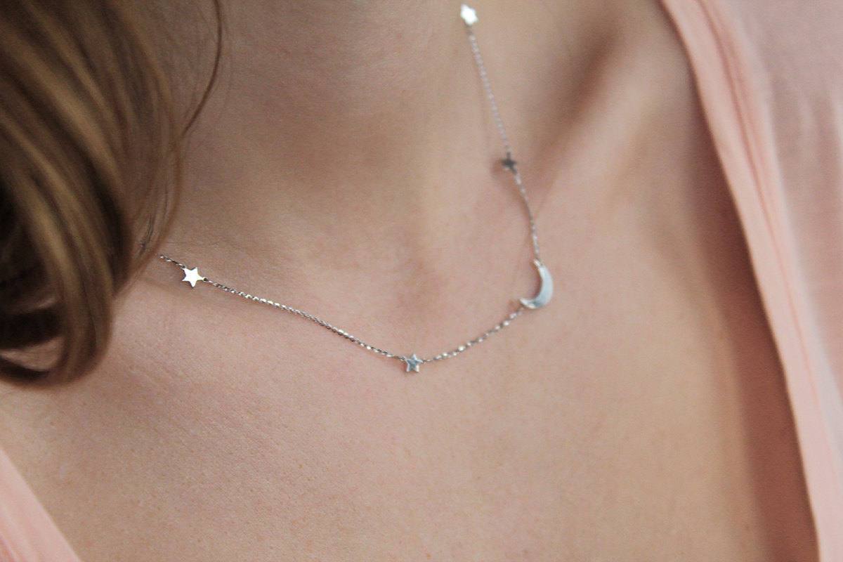 Crescent moon and stars gold necklace
