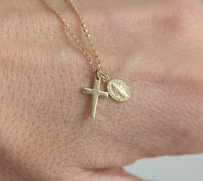 Cross and virgin Mary medallion gold necklace