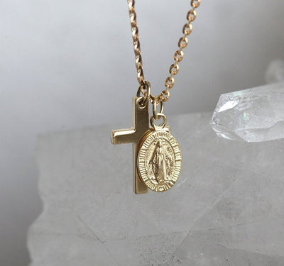 Cross and virgin Mary medallion gold necklace