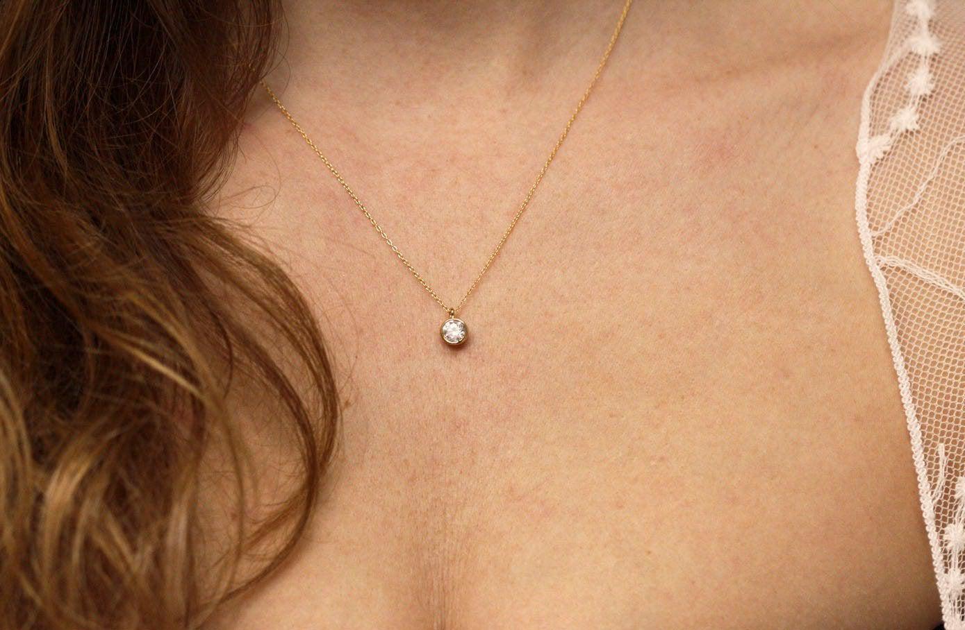 Cubic Round Diamond or Zircon Solitaire Necklace with Gold Bezel Setting