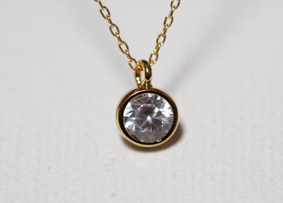 Cubic Round Diamond or Zircon Solitaire Necklace with Gold Bezel Setting