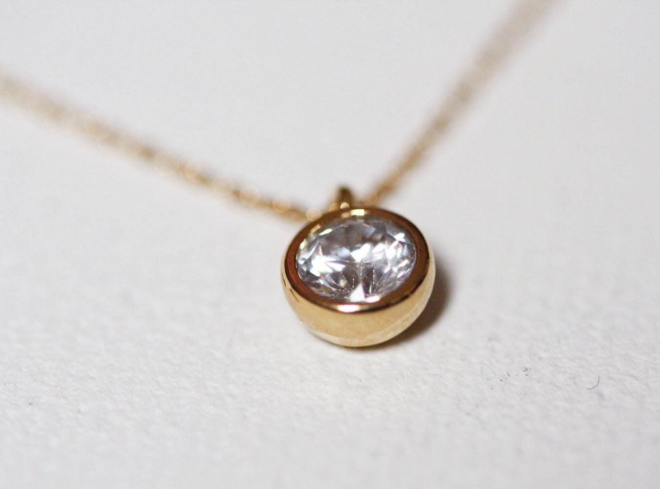 Cubic Round Diamond or Zircon Solitaire Necklace with Gold Bezel Setting