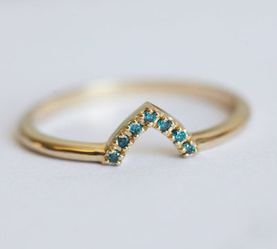 Curved Chevron Ring With Blue Diamonds