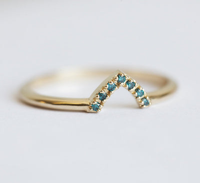 Curved Chevron Ring With Blue Diamonds