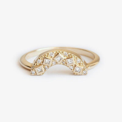 Thick Curved Art Deco Wedding Band featuring Princess-Cut and Round White Diamonds