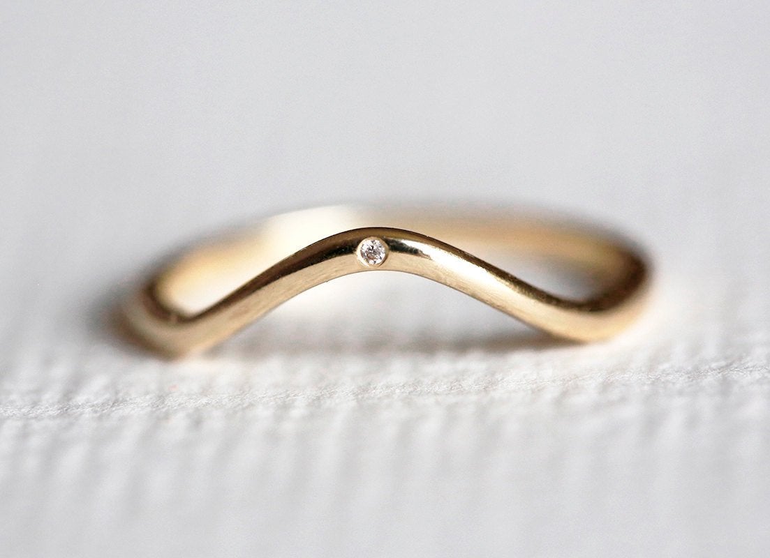 Gold Curved Nesting Band with Tiny Round White Embedded Diamond