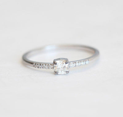 Simple Cushion-Cut White Diamond Engagement Ring with more Diamonds on the side