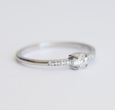 Simple Cushion-Cut White Diamond Engagement Ring with more Diamonds on the side