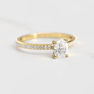 Cushion-Cut Diamond with Full Pave Gold Ring