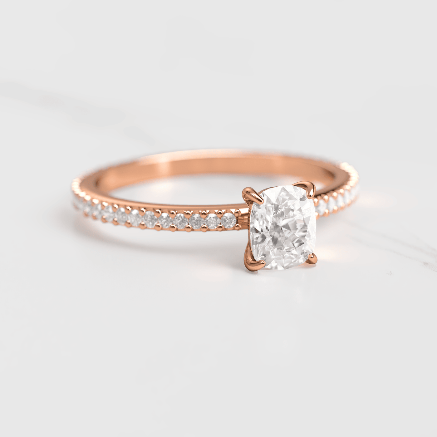 Cushion-Cut Diamond with Full Pave Gold Ring