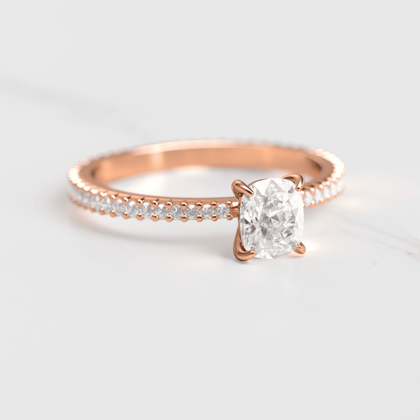 Cushion-Cut Tapered Diamond with Full Pave Gold Ring